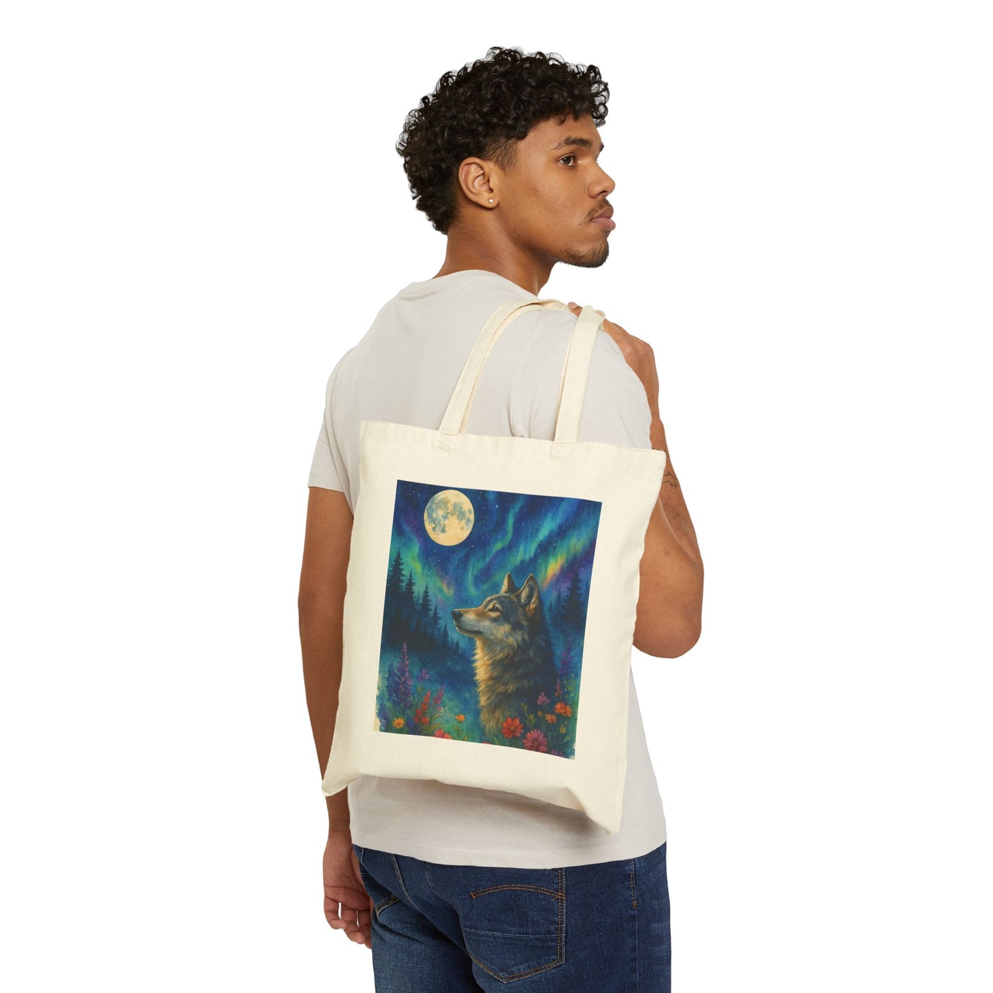 Mystical Wolf Cotton Canvas Tote Bag - Eco-Friendly Art Carryall
