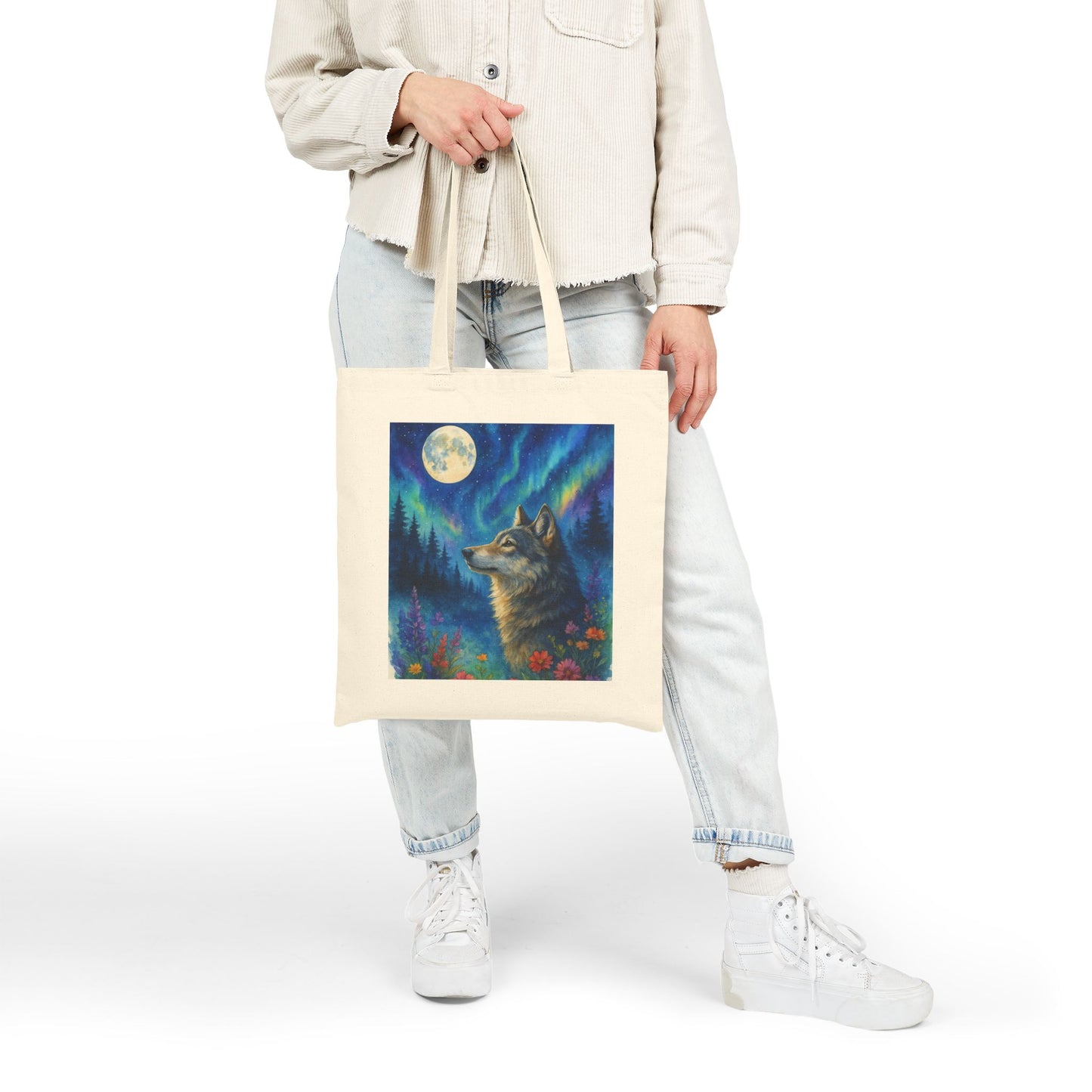 Mystical Wolf Cotton Canvas Tote Bag - Eco-Friendly Art Carryall